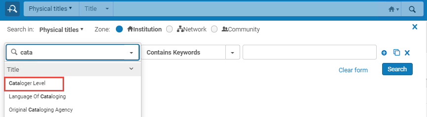 Search according to the cataloging level.